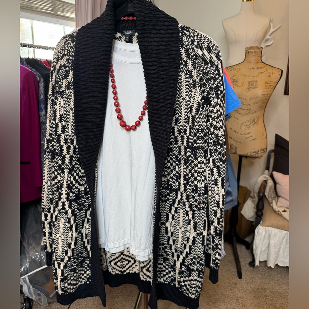 Talbots Black and Cream Patterned Cardigan